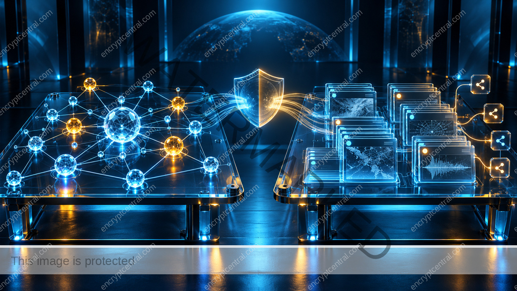 Two equally substantial glass workbenches: one with a connected threat knowledge graph, the other with structured intelligence event cards and controlled sharing links; balanced comparison under cyan light, no brands. Conceptual illustration.