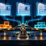 A precise procurement evidence desk with three glass proposal folders feeding a balanced comparison instrument; costs represented by distinct amber modules and accepted evidence in cyan, no currency figures. Conceptual illustration.
