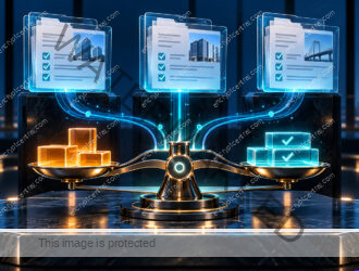 A precise procurement evidence desk with three glass proposal folders feeding a balanced comparison instrument; costs represented by distinct amber modules and accepted evidence in cyan, no currency figures. Conceptual illustration.