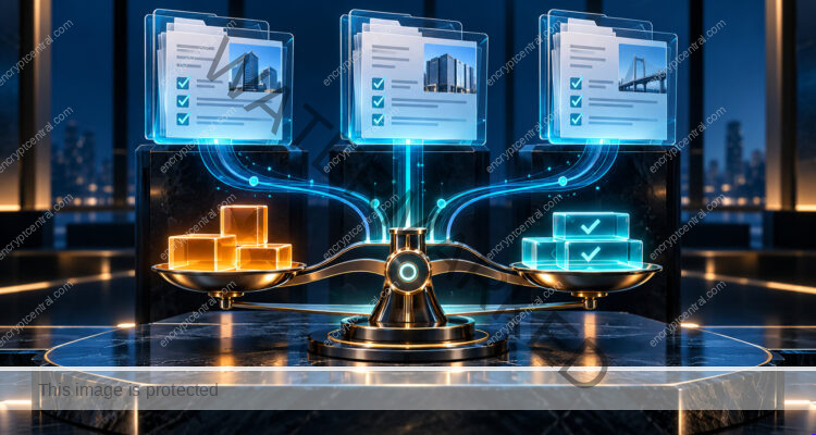 A precise procurement evidence desk with three glass proposal folders feeding a balanced comparison instrument; costs represented by distinct amber modules and accepted evidence in cyan, no currency figures. Conceptual illustration.