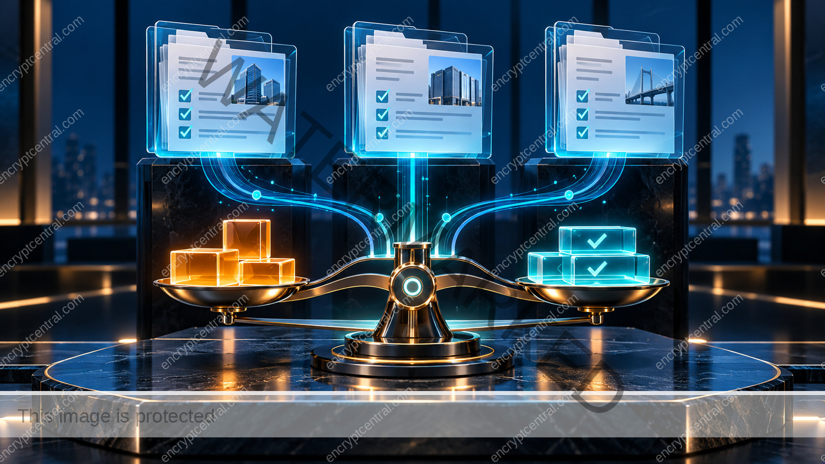 A precise procurement evidence desk with three glass proposal folders feeding a balanced comparison instrument; costs represented by distinct amber modules and accepted evidence in cyan, no currency figures. Conceptual illustration.