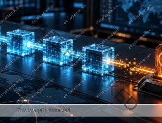An architectural chain of four luminous glass event blocks crossing a dark operations table; one amber gap breaks the cyan signal before a physical alert terminal. Conceptual illustration.