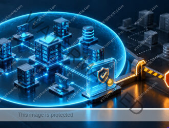 A dimensional network model enclosed by a crisp cyan scope boundary, with a signed permission card and an amber stop gate beside excluded systems; precise planning visual, no real signatures. Conceptual illustration.