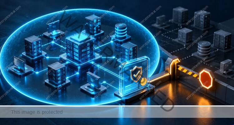 A dimensional network model enclosed by a crisp cyan scope boundary, with a signed permission card and an amber stop gate beside excluded systems; precise planning visual, no real signatures. Conceptual illustration.