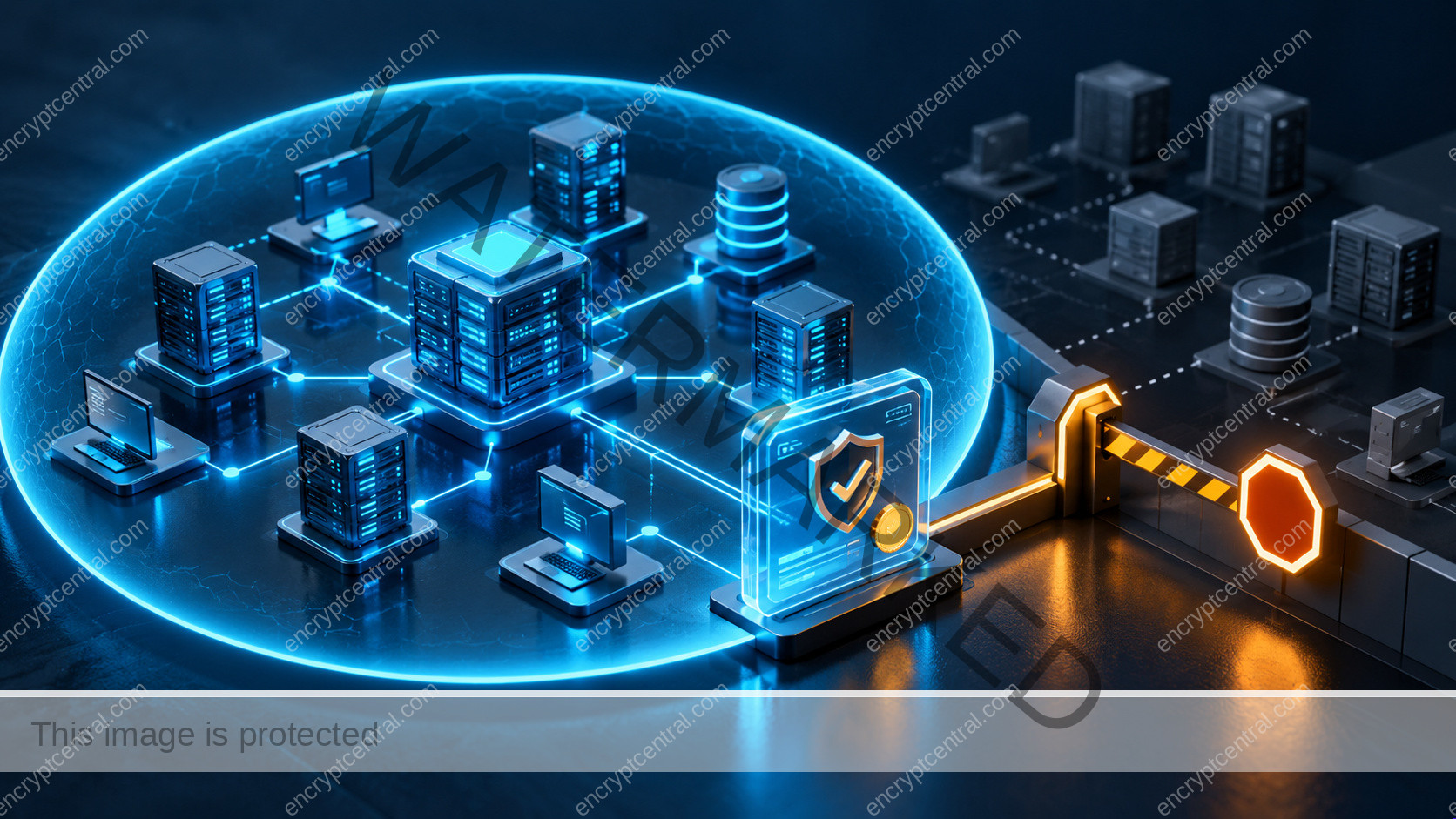 A dimensional network model enclosed by a crisp cyan scope boundary, with a signed permission card and an amber stop gate beside excluded systems; precise planning visual, no real signatures. Conceptual illustration.