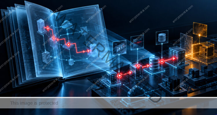 An opened technical report as layered translucent pages projects a single verified attack path onto a small system model, with evidence pins and one amber unanswered boundary, no readable text. Conceptual illustration.