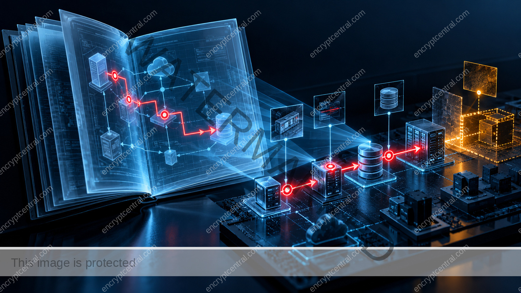 An opened technical report as layered translucent pages projects a single verified attack path onto a small system model, with evidence pins and one amber unanswered boundary, no readable text. Conceptual illustration.