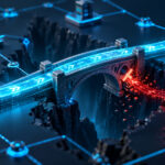 A previously fractured cyan bridge in a miniature application network is repaired; a red unauthorized path terminates while a separate legitimate cyan path reaches its destination. Conceptual illustration.
