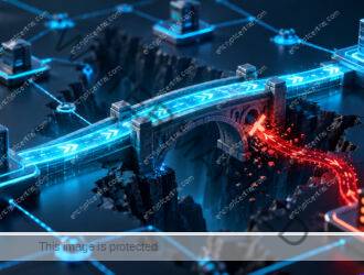 A previously fractured cyan bridge in a miniature application network is repaired; a red unauthorized path terminates while a separate legitimate cyan path reaches its destination. Conceptual illustration.