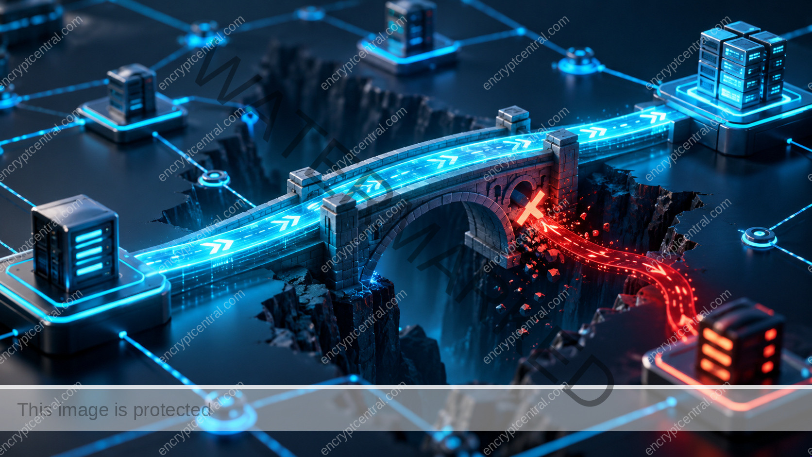 A previously fractured cyan bridge in a miniature application network is repaired; a red unauthorized path terminates while a separate legitimate cyan path reaches its destination. Conceptual illustration.