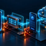 An exploded dimensional model of one application showing browser, API conduit, smartphone and cloud control plane, with cyan connective boundaries and amber ownership gaps. Conceptual illustration.