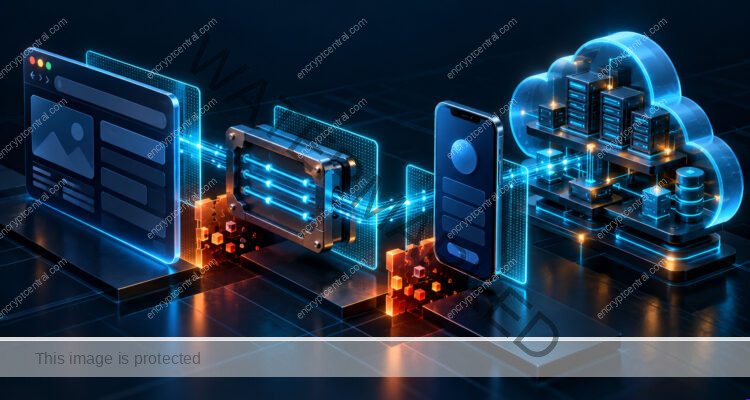 An exploded dimensional model of one application showing browser, API conduit, smartphone and cloud control plane, with cyan connective boundaries and amber ownership gaps. Conceptual illustration.