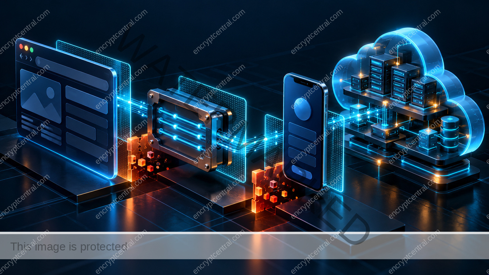 An exploded dimensional model of one application showing browser, API conduit, smartphone and cloud control plane, with cyan connective boundaries and amber ownership gaps. Conceptual illustration.