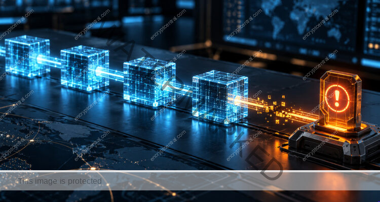 An architectural chain of four luminous glass event blocks crossing a dark operations table; one amber gap breaks the cyan signal before a physical alert terminal. Conceptual illustration.