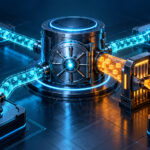 A central business data vault connects to four application modules through visible permission conduits; one oversized amber conduit is narrowed by an audit gate while approved cyan paths remain. Conceptual illustration.