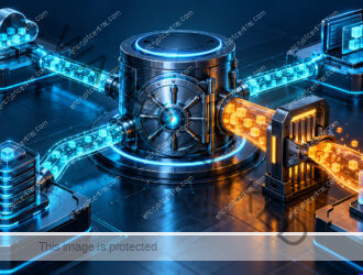 A central business data vault connects to four application modules through visible permission conduits; one oversized amber conduit is narrowed by an audit gate while approved cyan paths remain. Conceptual illustration.