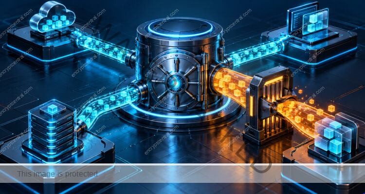 A central business data vault connects to four application modules through visible permission conduits; one oversized amber conduit is narrowed by an audit gate while approved cyan paths remain. Conceptual illustration.