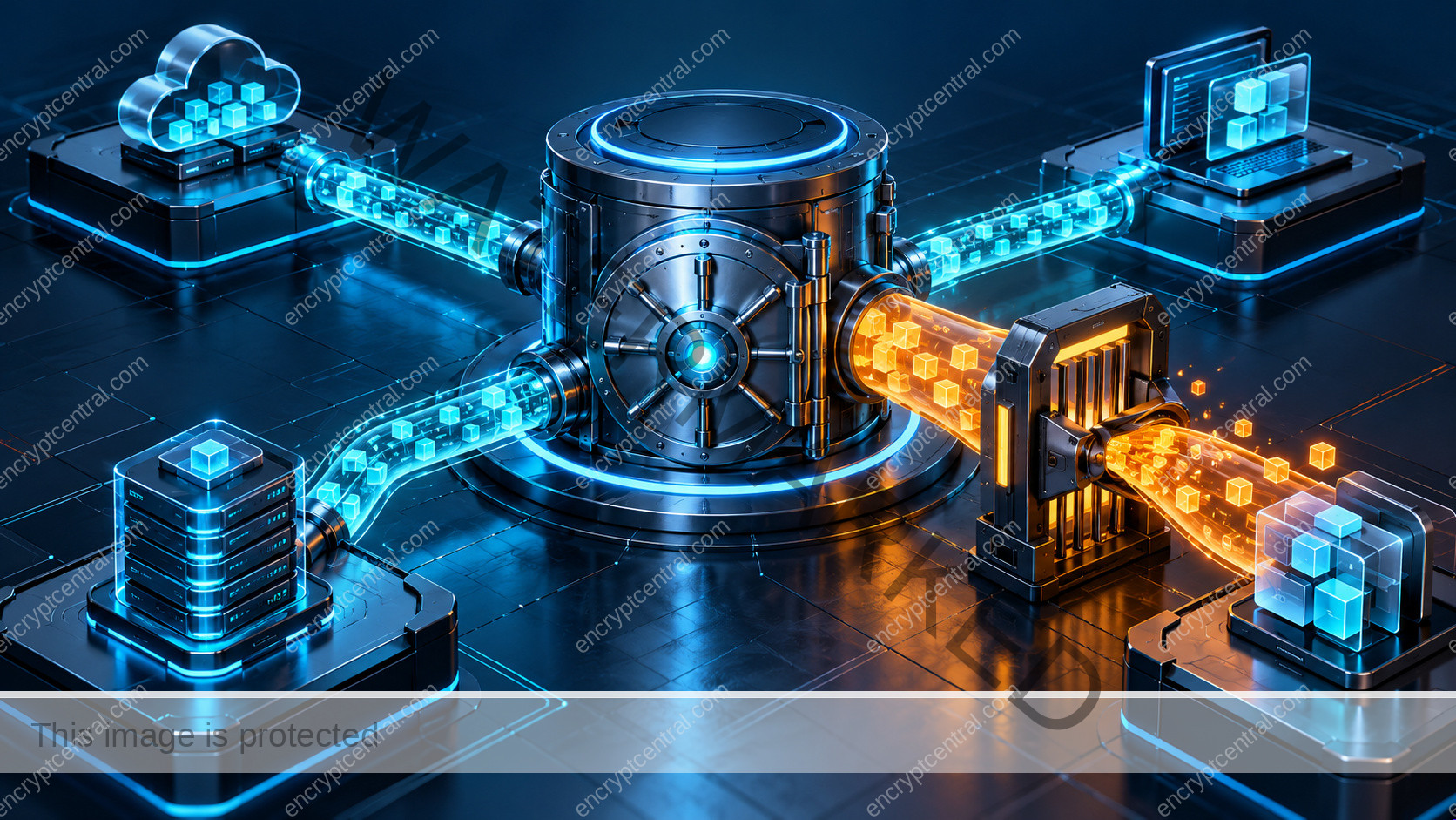 A central business data vault connects to four application modules through visible permission conduits; one oversized amber conduit is narrowed by an audit gate while approved cyan paths remain. Conceptual illustration.