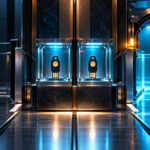 Two secured physical authentication keys in separate illuminated glass custody compartments beside an emergency administrative access gate, normal access lane dimmed, strong cyan guarded fallback path. Conceptual illustration.