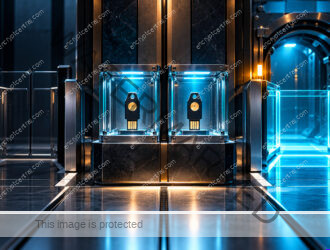 Two secured physical authentication keys in separate illuminated glass custody compartments beside an emergency administrative access gate, normal access lane dimmed, strong cyan guarded fallback path. Conceptual illustration.