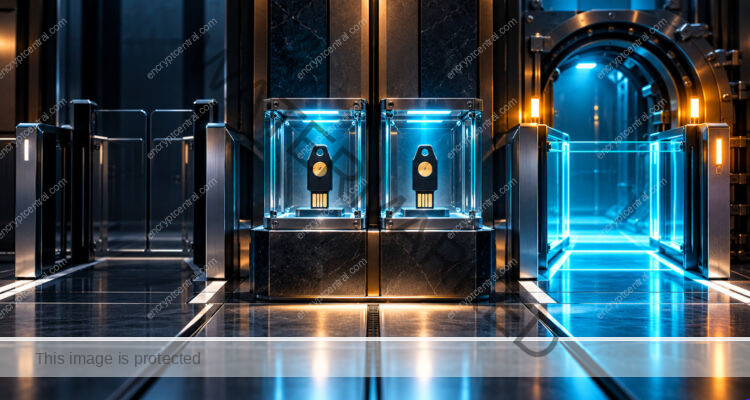 Two secured physical authentication keys in separate illuminated glass custody compartments beside an emergency administrative access gate, normal access lane dimmed, strong cyan guarded fallback path. Conceptual illustration.