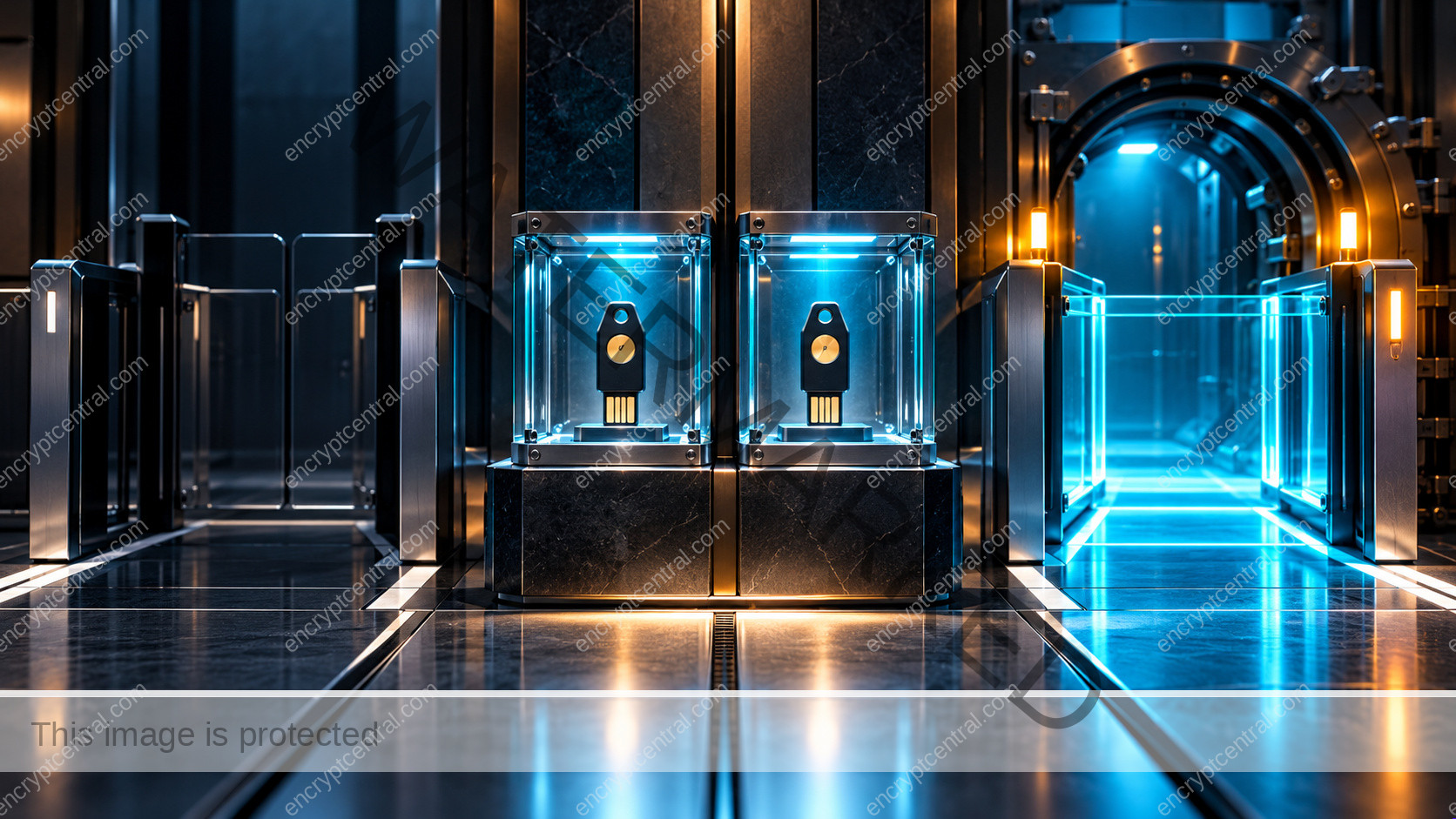 Two secured physical authentication keys in separate illuminated glass custody compartments beside an emergency administrative access gate, normal access lane dimmed, strong cyan guarded fallback path. Conceptual illustration.