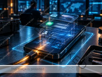A smartphone on a blue-lit forensic workbench has translucent camera, message and permission layers above its display, illustrating endpoint observation during physical-custody risk.