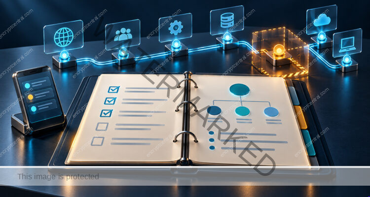 An open response playbook and separate communications device sit before cyan service nodes and an amber node inside a containment boundary.