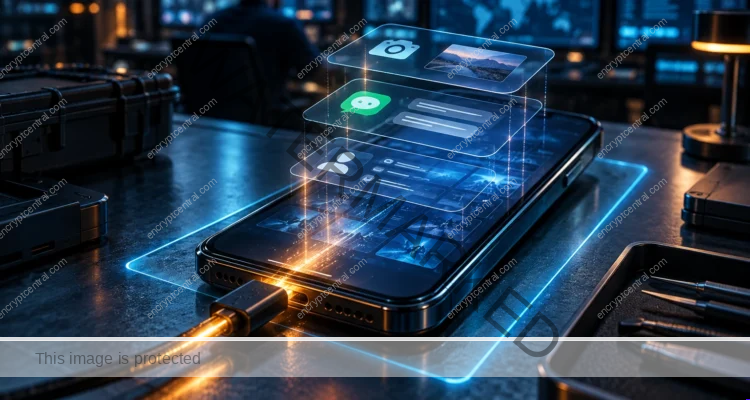 A smartphone on a blue-lit forensic workbench has translucent camera, message and permission layers above its display, illustrating endpoint observation during physical-custody risk.