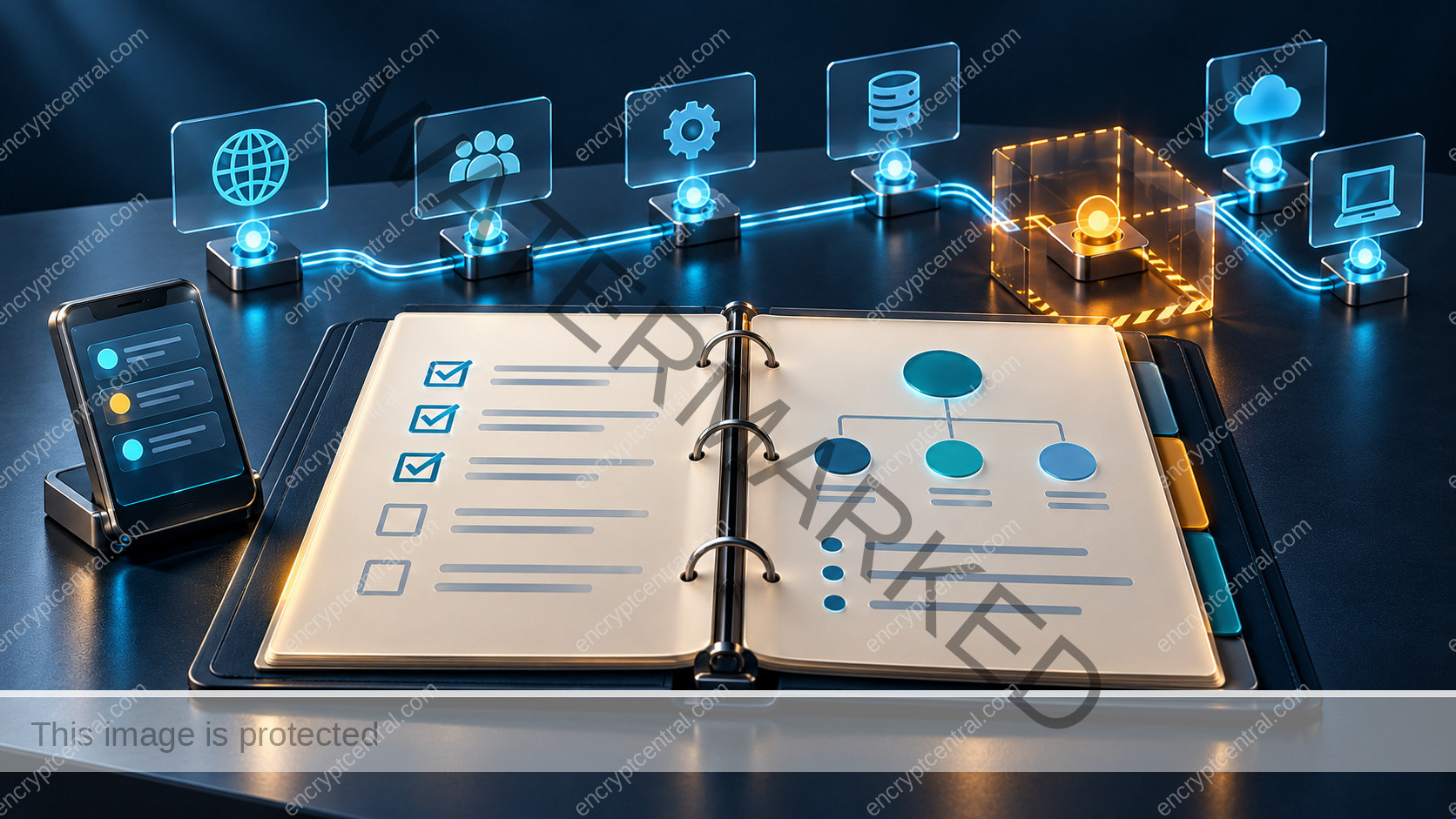 An open response playbook and separate communications device sit before cyan service nodes and an amber node inside a containment boundary.