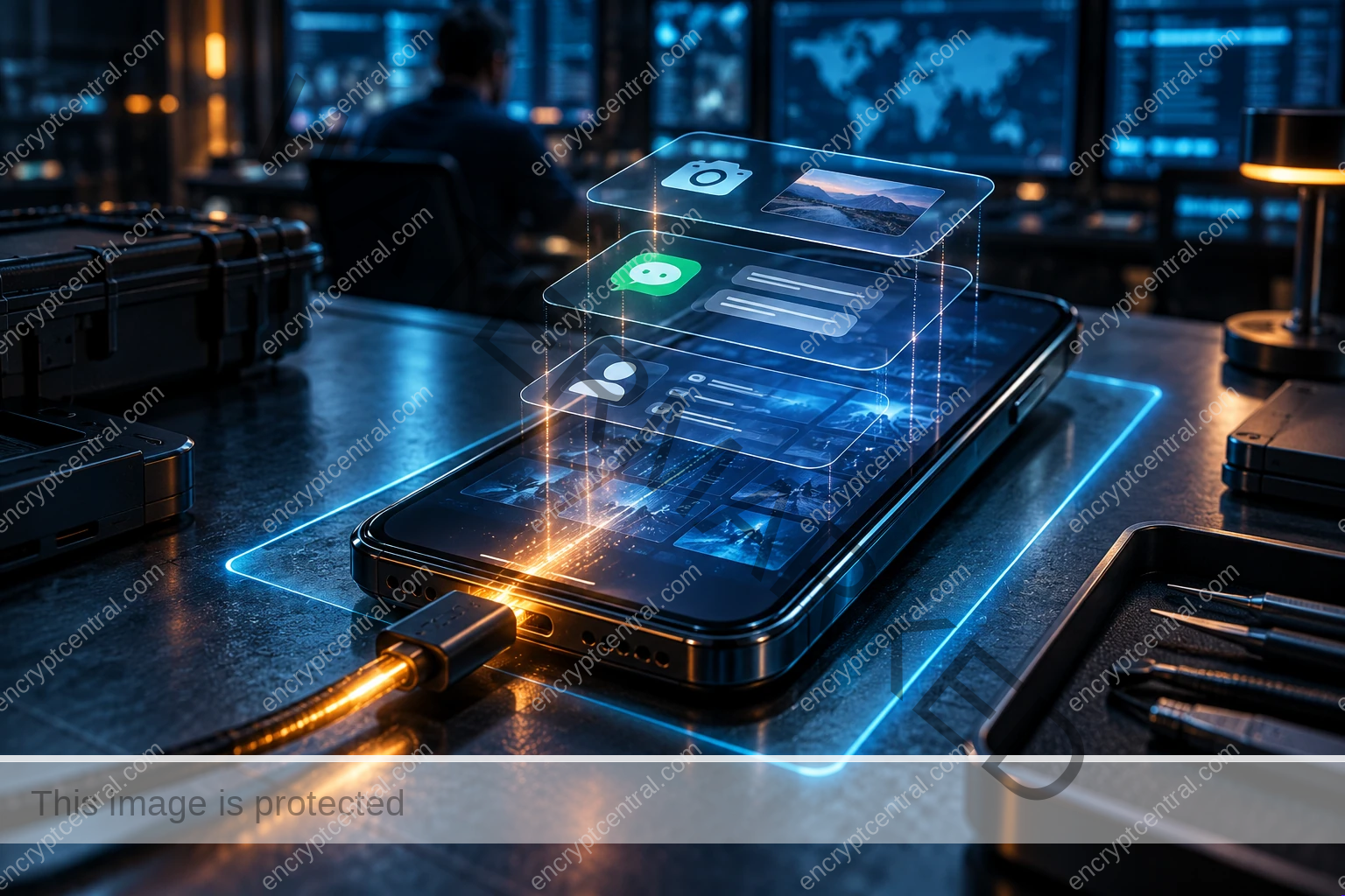 A smartphone on a blue-lit forensic workbench has translucent camera, message and permission layers above its display, illustrating endpoint observation during physical-custody risk.