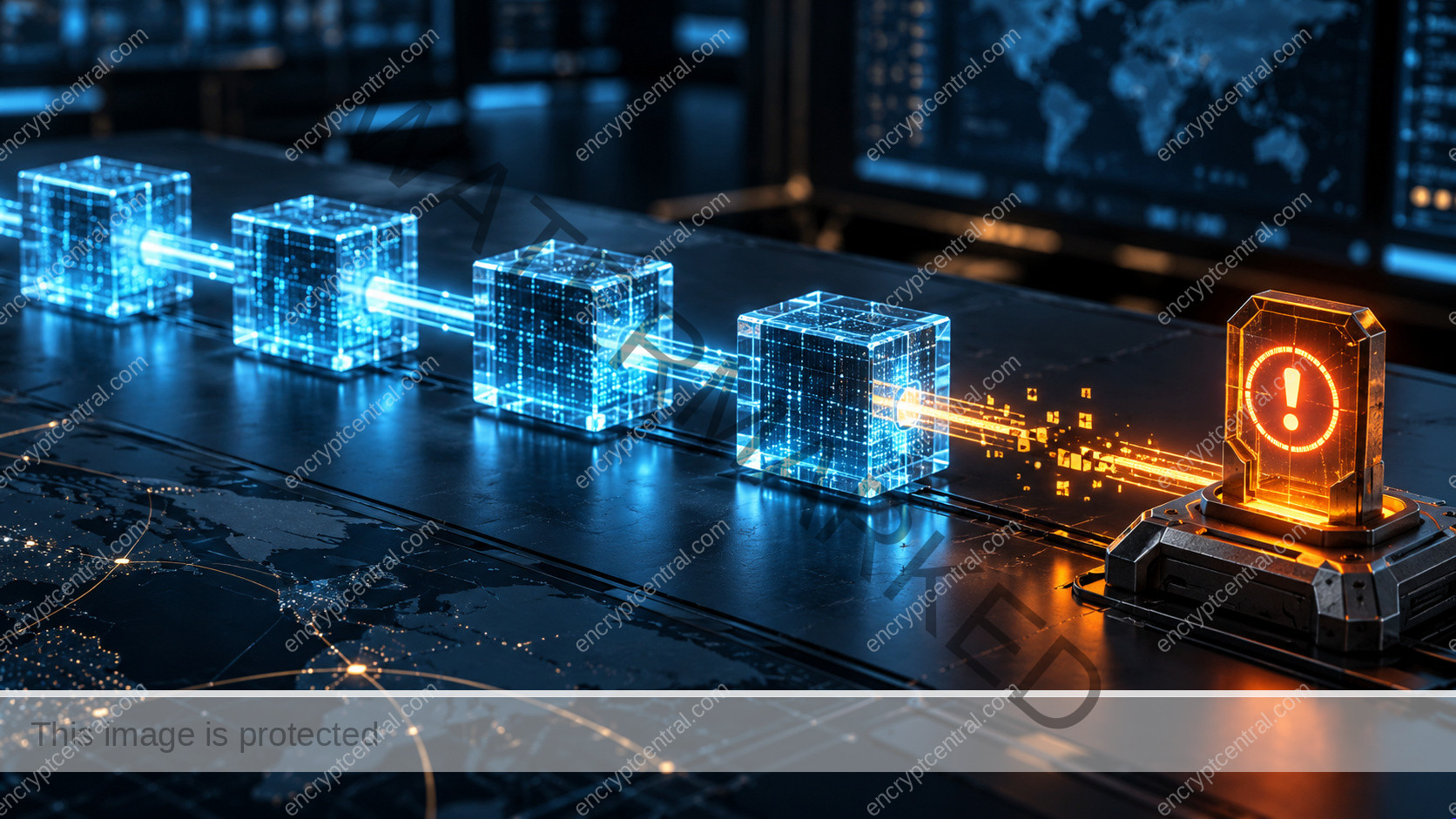 An architectural chain of four luminous glass event blocks crossing a dark operations table; one amber gap breaks the cyan signal before a physical alert terminal. Conceptual illustration.