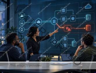 Product and security team reviews an API service map with one risky request path highlighted between services and data stores.