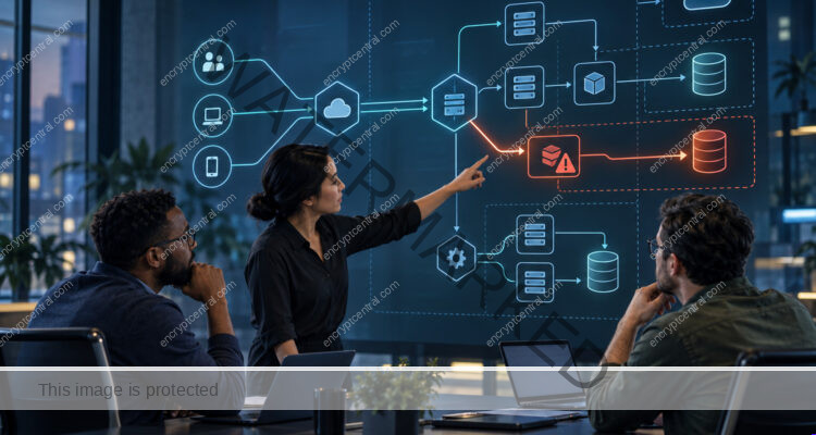Product and security team reviews an API service map with one risky request path highlighted between services and data stores.