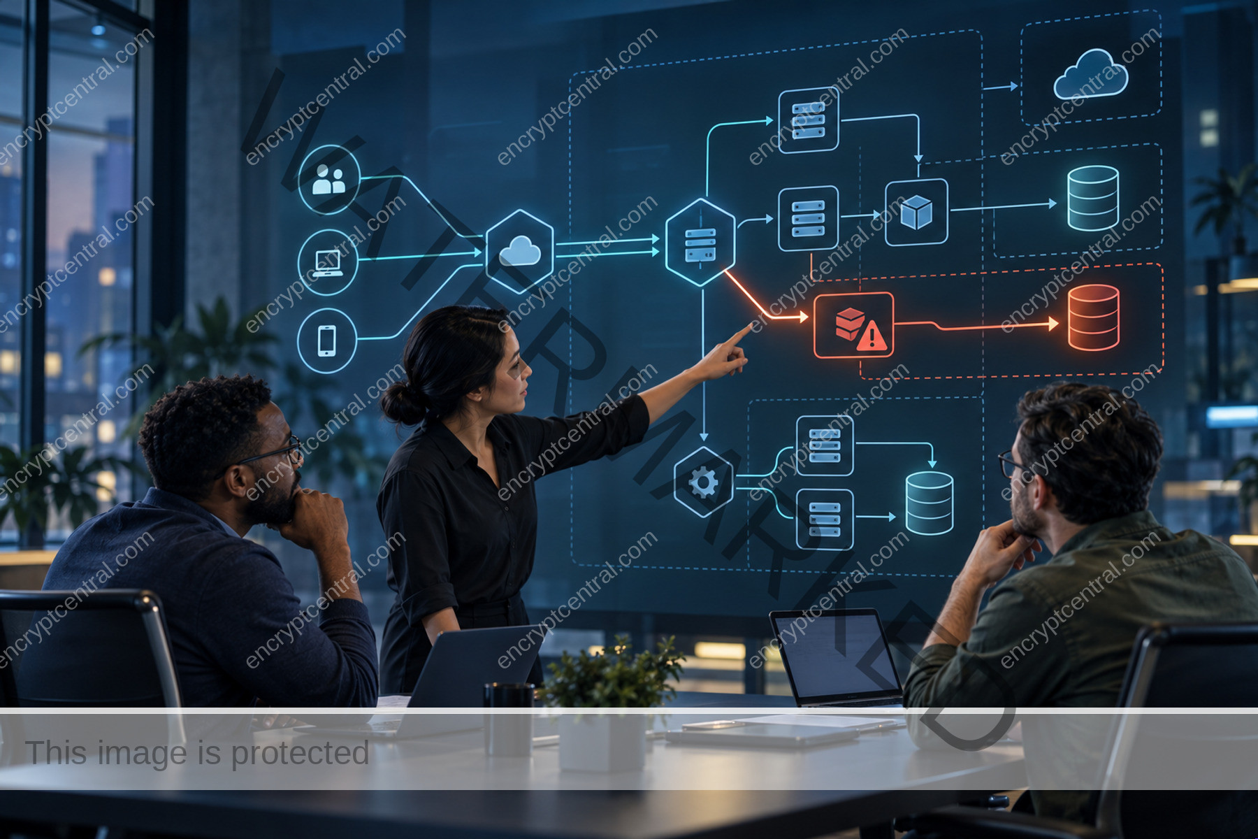 Product and security team reviews an API service map with one risky request path highlighted between services and data stores.