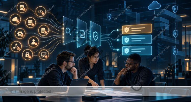 Application security team triages ten risk signals through evidence checkpoints into a prioritized remediation queue.