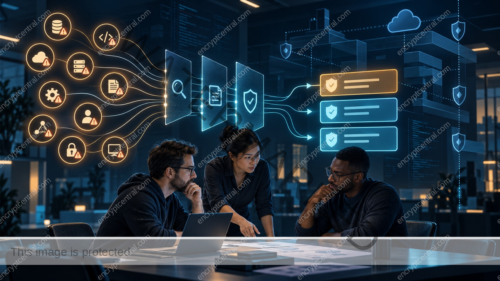 Application security team triages ten risk signals through evidence checkpoints into a prioritized remediation queue.