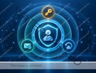Layered blue account shield with a key, verified message, and recovery symbol.
