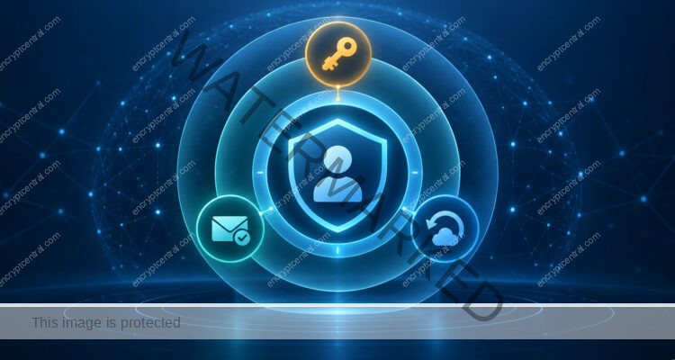 Layered blue account shield with a key, verified message, and recovery symbol.