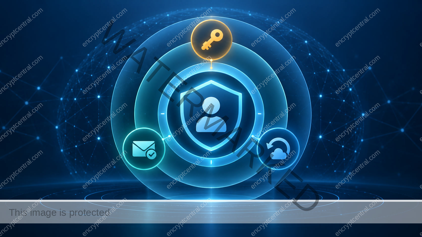 Layered blue account shield with a key, verified message, and recovery symbol.