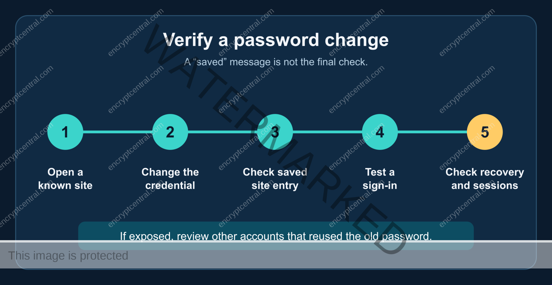 Five-step password-change verification flow from opening the legitimate site through sign-in testing and recovery checks.