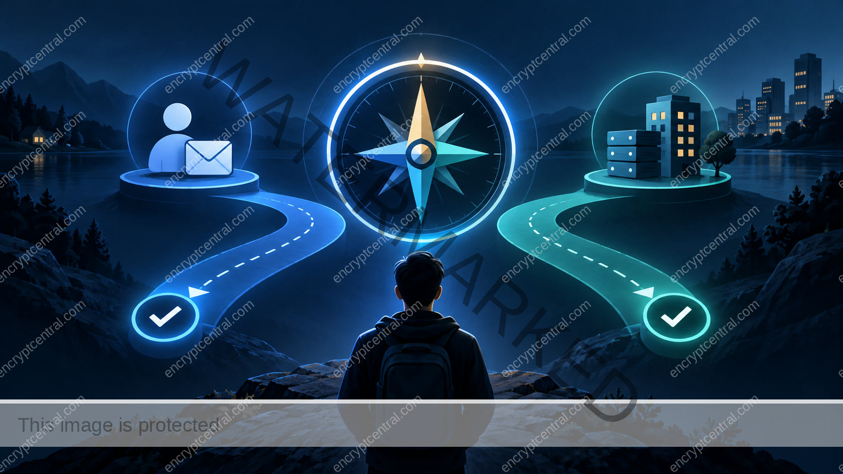 Decision compass comparing first security priorities for a personal account and a small business service.