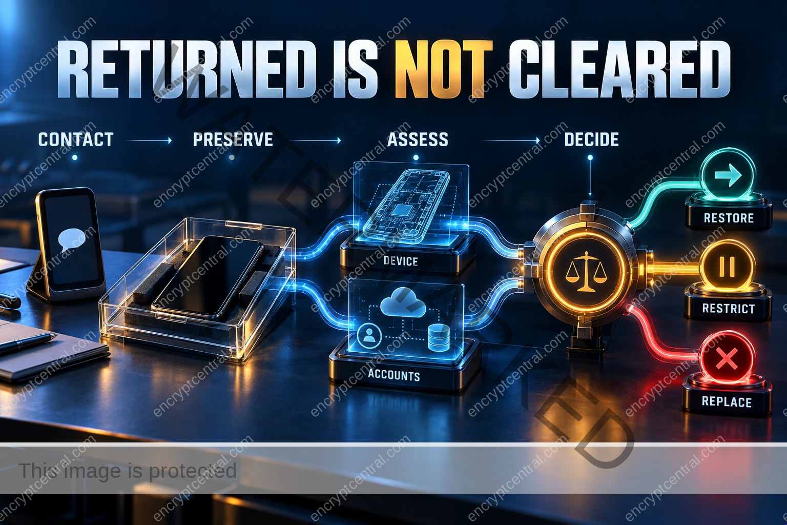A returned phone follows contact, preservation, parallel device and account assessment, then a decision branching to restore, restrict or replace.