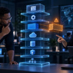 Security and operations team reviews a layered application stack while one container configuration drifts from the approved baseline.