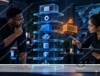 Security and operations team reviews a layered application stack while one container configuration drifts from the approved baseline.