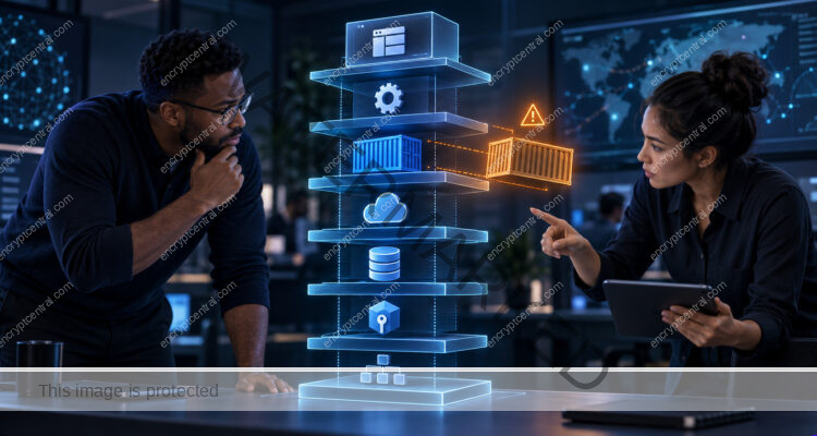 Security and operations team reviews a layered application stack while one container configuration drifts from the approved baseline.