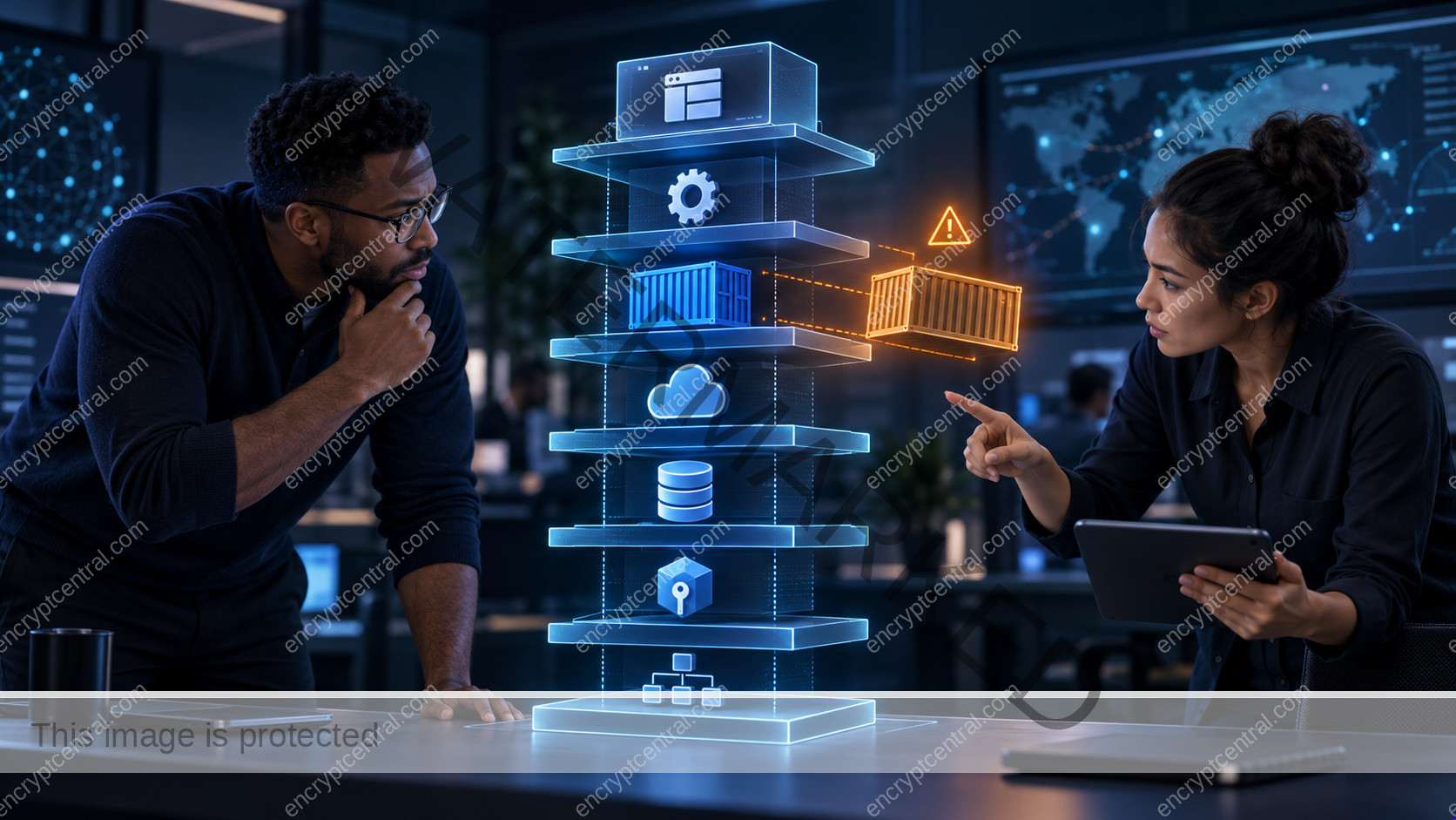 Security and operations team reviews a layered application stack while one container configuration drifts from the approved baseline.