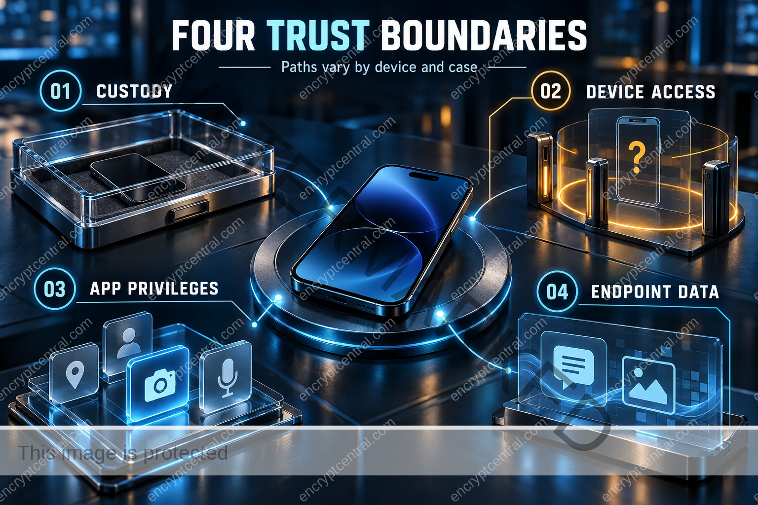 Four numbered visual stations around a smartphone show custody, device access, app privileges and endpoint data; device access is marked with a question, and paths vary by device and case.